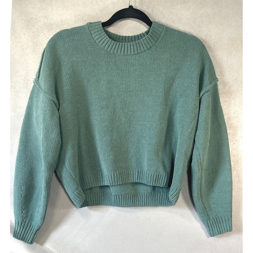 Hollister Womens Sage Green Shaker Stitch Cropped Crewneck Sweater Small 2022